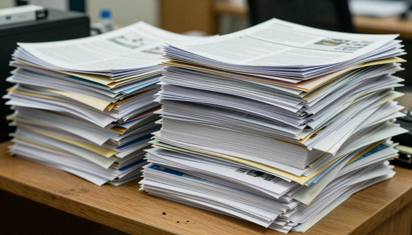 A towering stack of printed business catalogs, reports, and brochures piled on an office desk A towering stack of printed business catalogs, reports, and brochures piled on an office desk