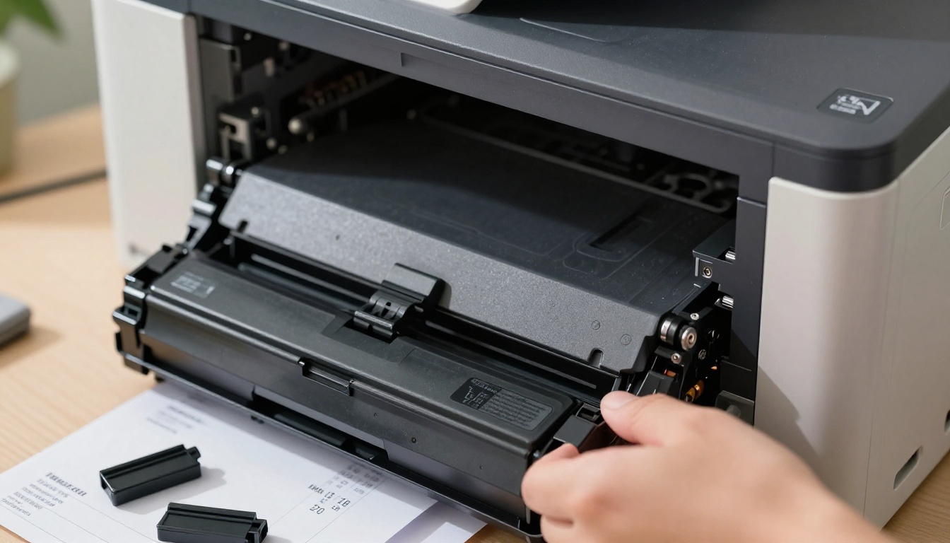 Close-up of a hand replacing an ink toner cartridge in an office laser printer Close-up of a hand replacing an ink toner cartridge in an office laser printer