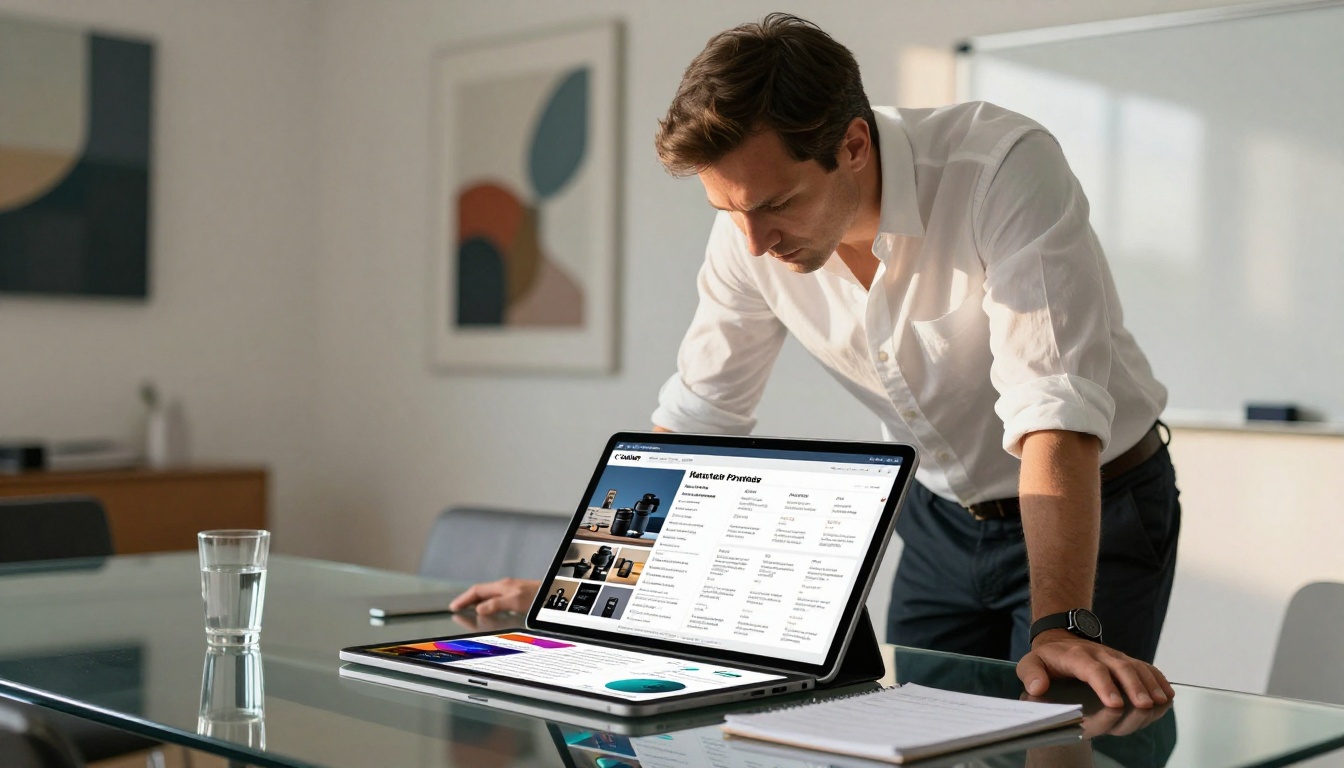 A businessman reviewing a digital catalog on a tablet in a modern office with morning light A businessman reviewing a digital catalog on a tablet in a modern office with morning light