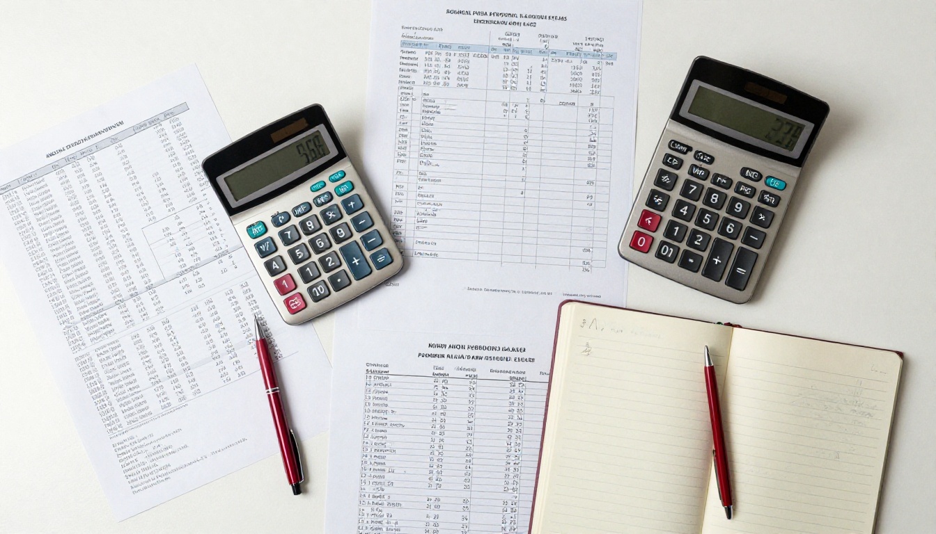 Aerial flat-lay of receipts, calculator, and handwritten cost calculations on a white desk Aerial flat-lay of receipts, calculator, and handwritten cost calculations on a white desk