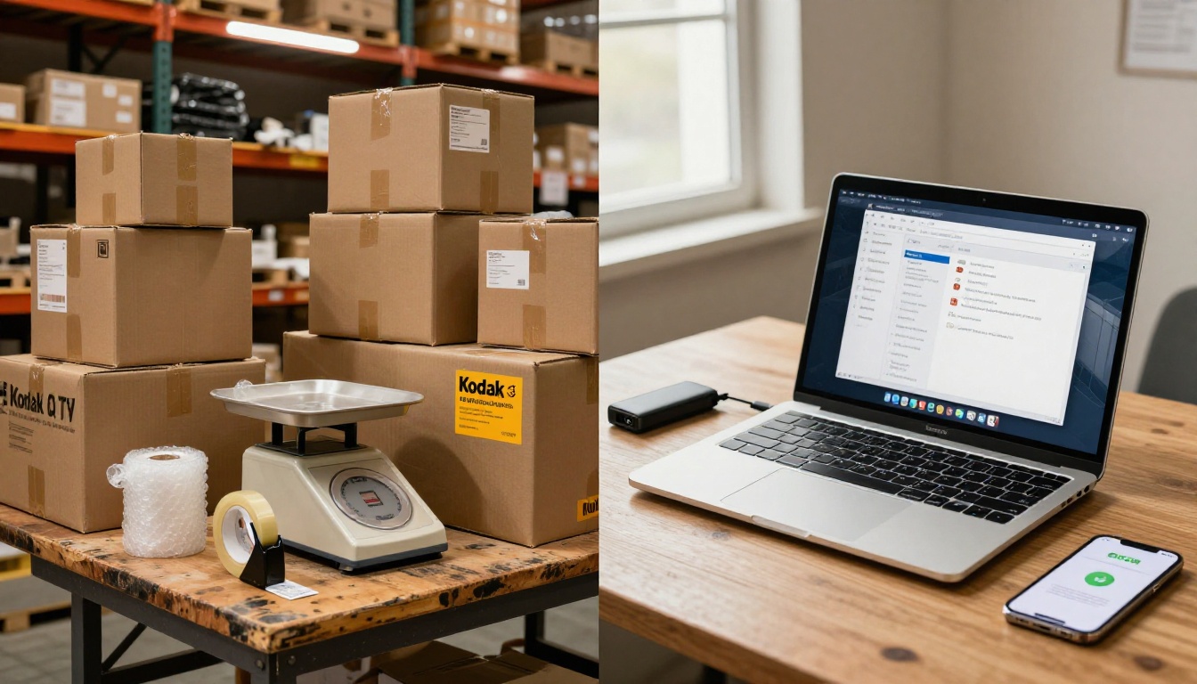 Cluttered shipping area with boxes versus a clean desk with laptop sharing digital files digitally Cluttered shipping area with boxes versus a clean desk with laptop sharing digital files digitally