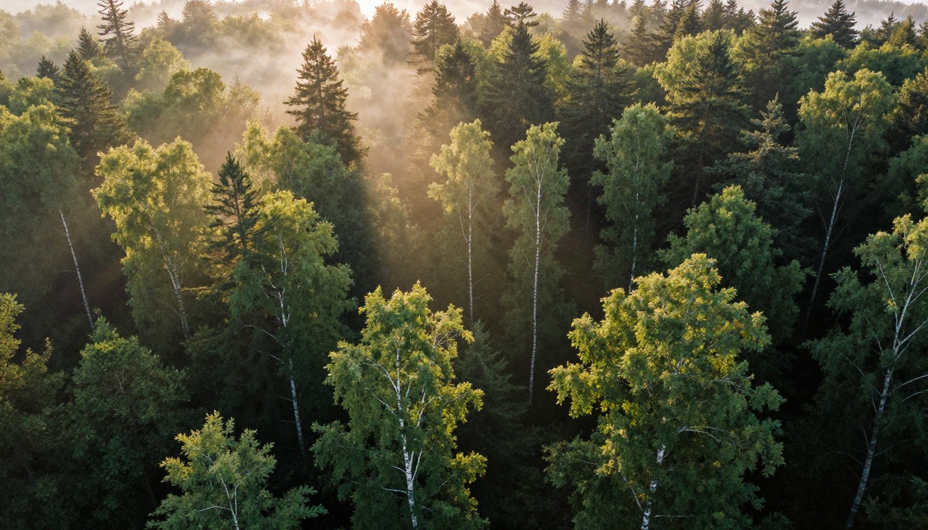 Aerial view of a dense temperate forest at sunrise with golden light shafts through morning mist