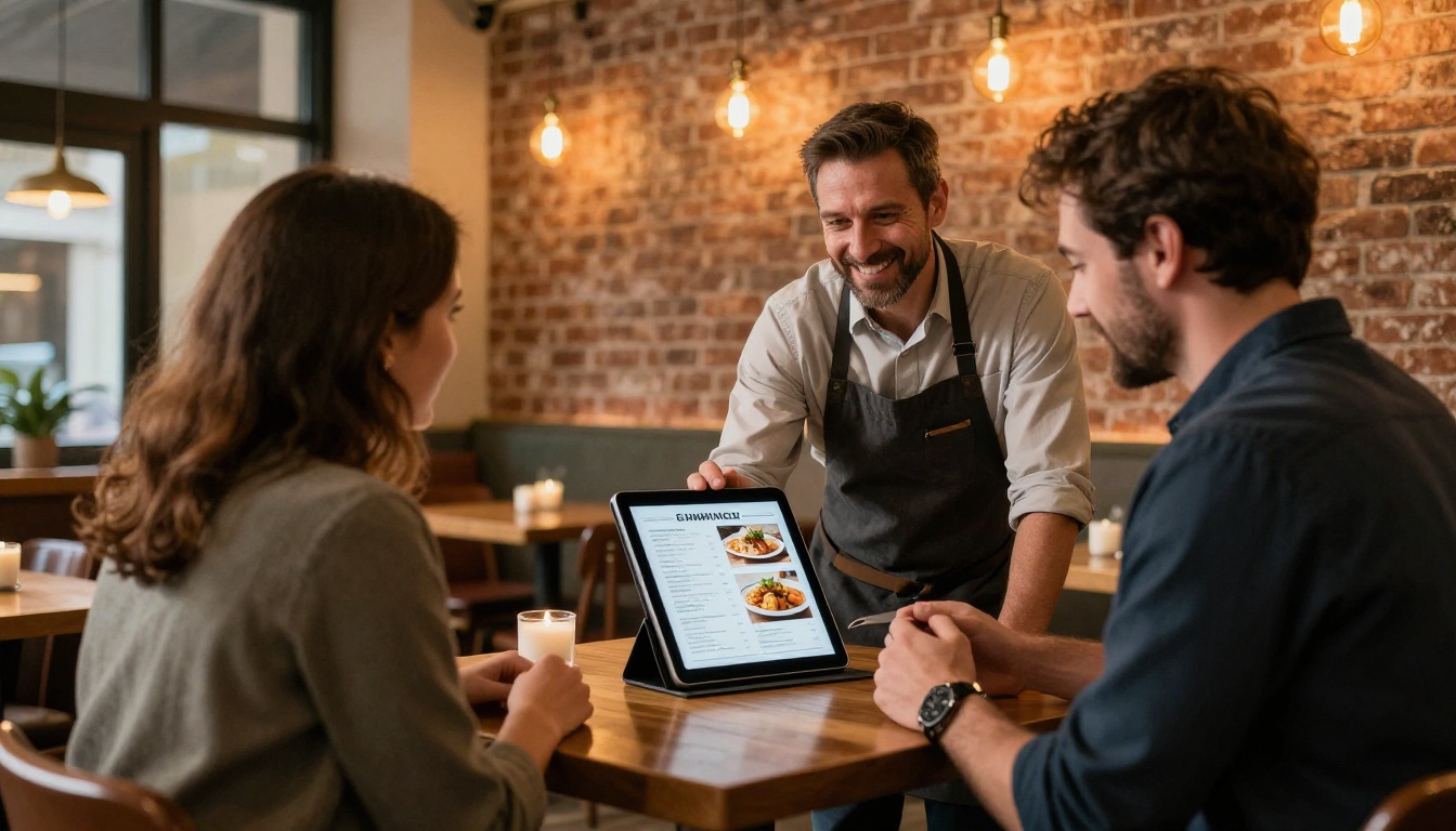 A restaurant owner showing a digital menu on an iPad to customers in a warmly lit interior