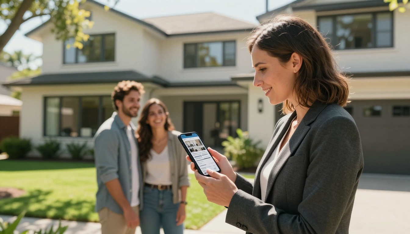 A real estate agent showing a digital property brochure on a smartphone to a couple outside a modern house