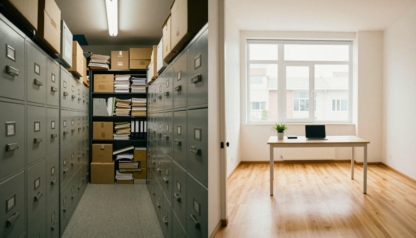 A clean modern paperless office on the right contrasted with a cramped storage room full of filing cabinets on the left