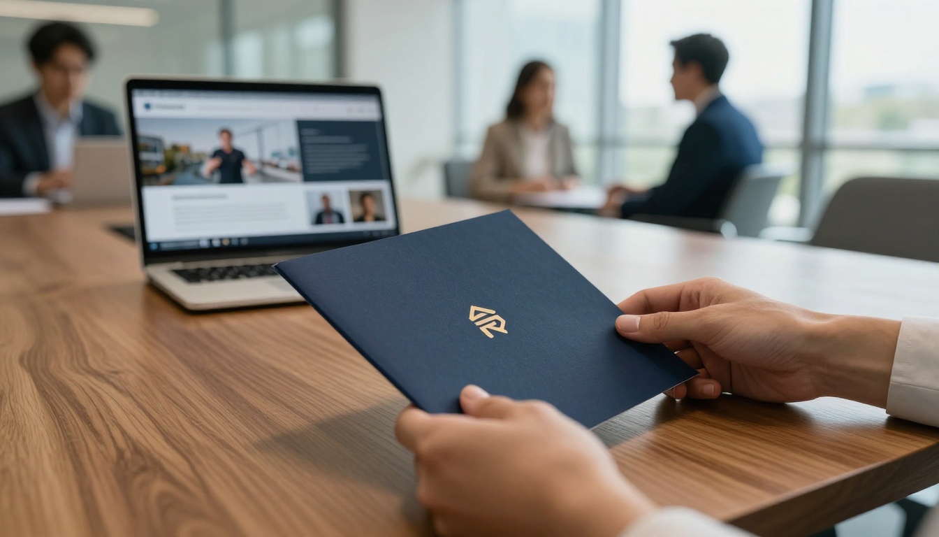 Client proposal being presented across a conference table in a modern glass-walled meeting room