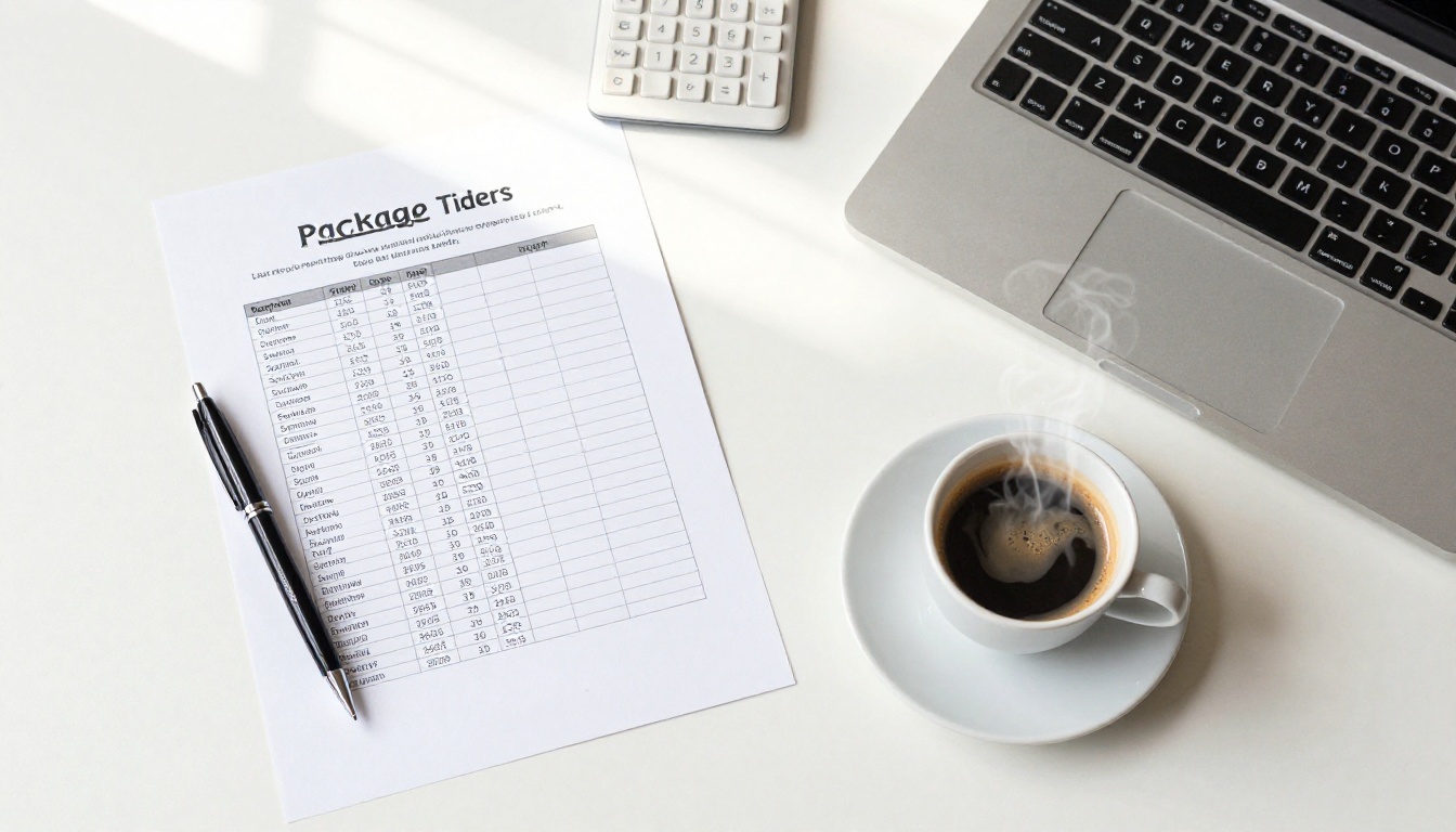 Overhead flat-lay of a clean white desk with a pricing sheet, black pen, calculator, and steaming espresso in a white ceramic cup Overhead flat-lay of a clean white desk with a pricing sheet, black pen, calculator, and steaming espresso in a white ceramic cup