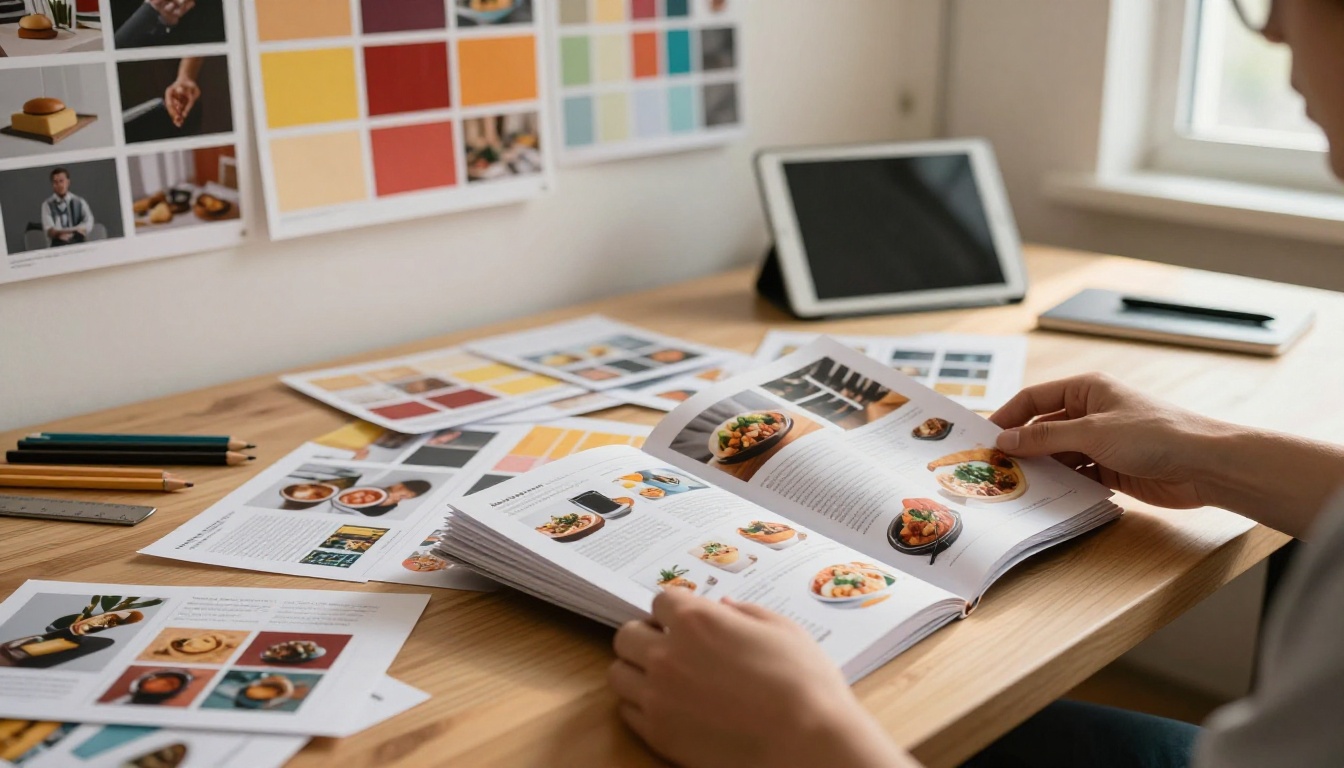 Designer workspace with multiple printed flipbook and catalog samples spread across a wide light wood desk