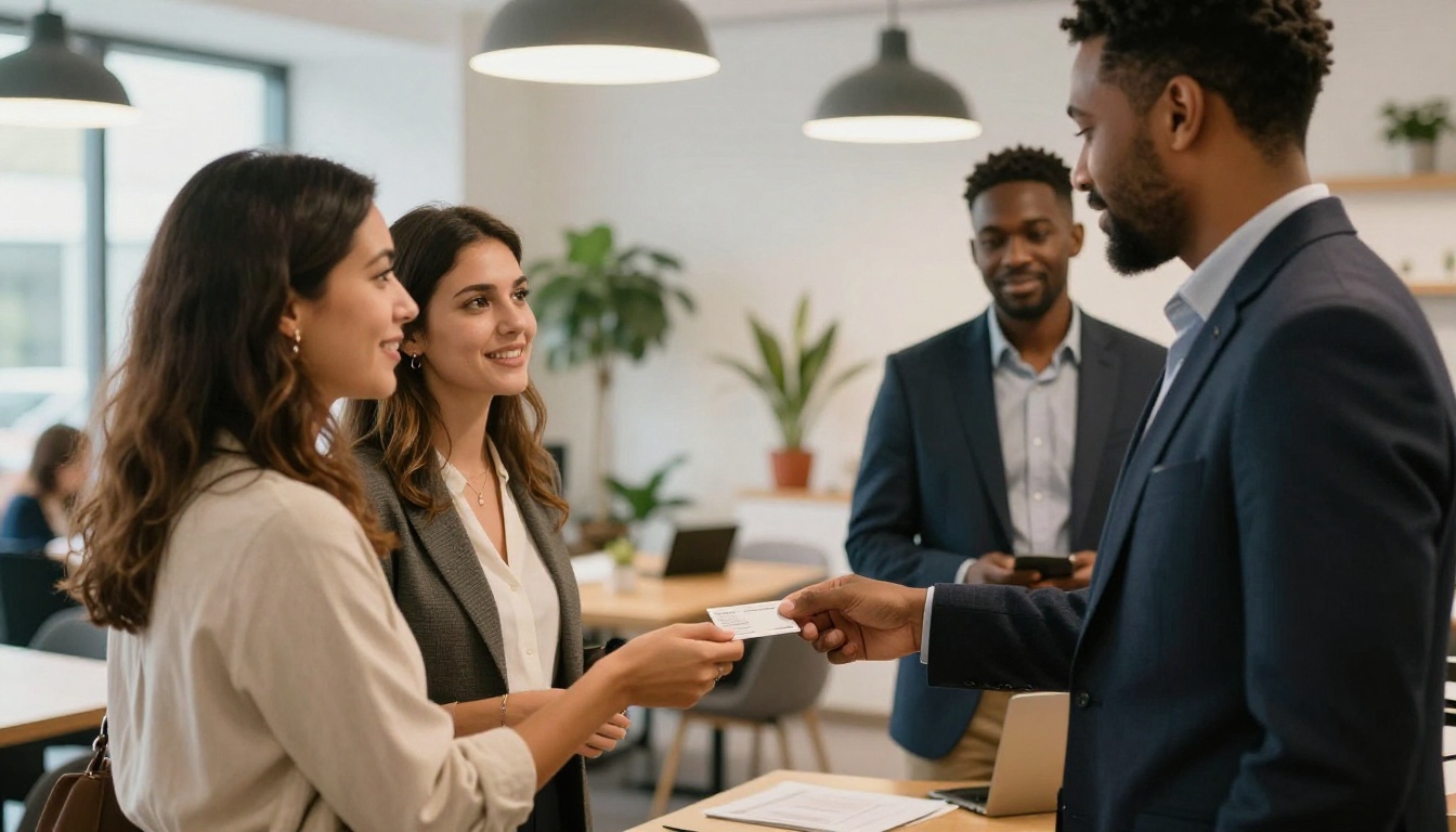 Three professionals at a small business networking event, one woman handing a business card to a man in a modern bright lobby