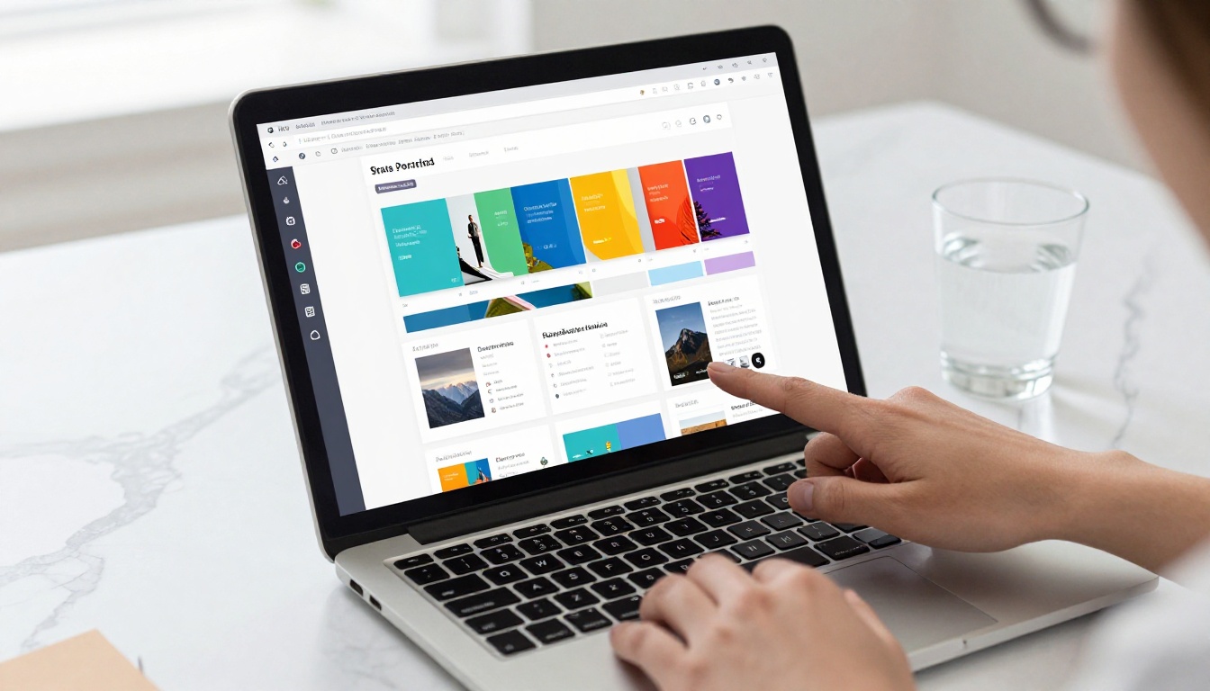 Laptop screen showing an interactive flipbook being customized on the Flipbooks AI platform, hands pointing at screen detail