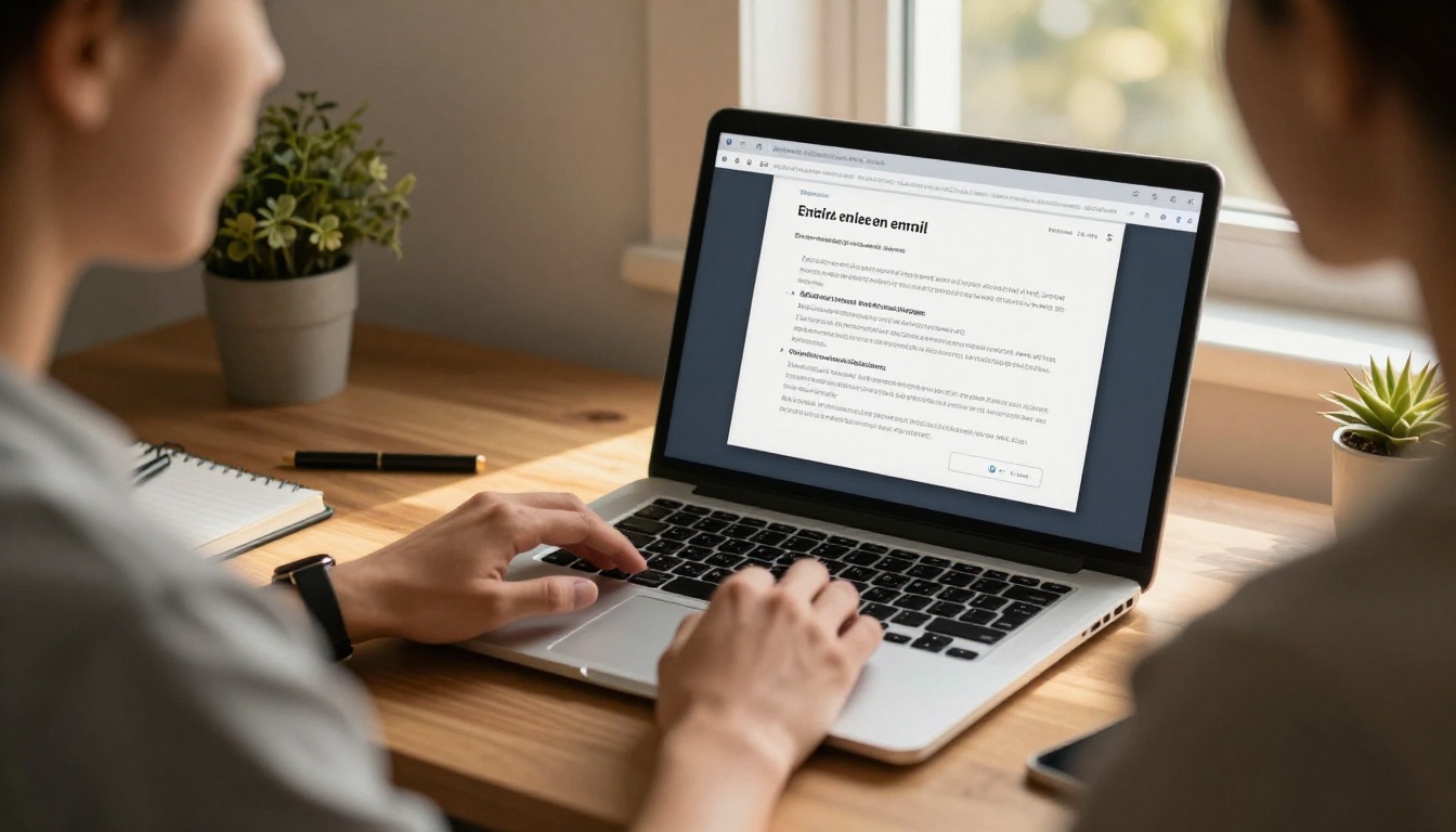 Person composing a professional email with an interactive flipbook ready on a secondary monitor for delivery to a client