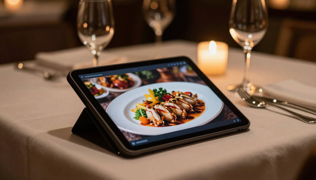 Elegant restaurant table with a digital tablet showing an interactive menu inside a flipbook interface, white linen and candlelight Elegant restaurant table with a digital tablet showing an interactive menu inside a flipbook interface, white linen and candlelight