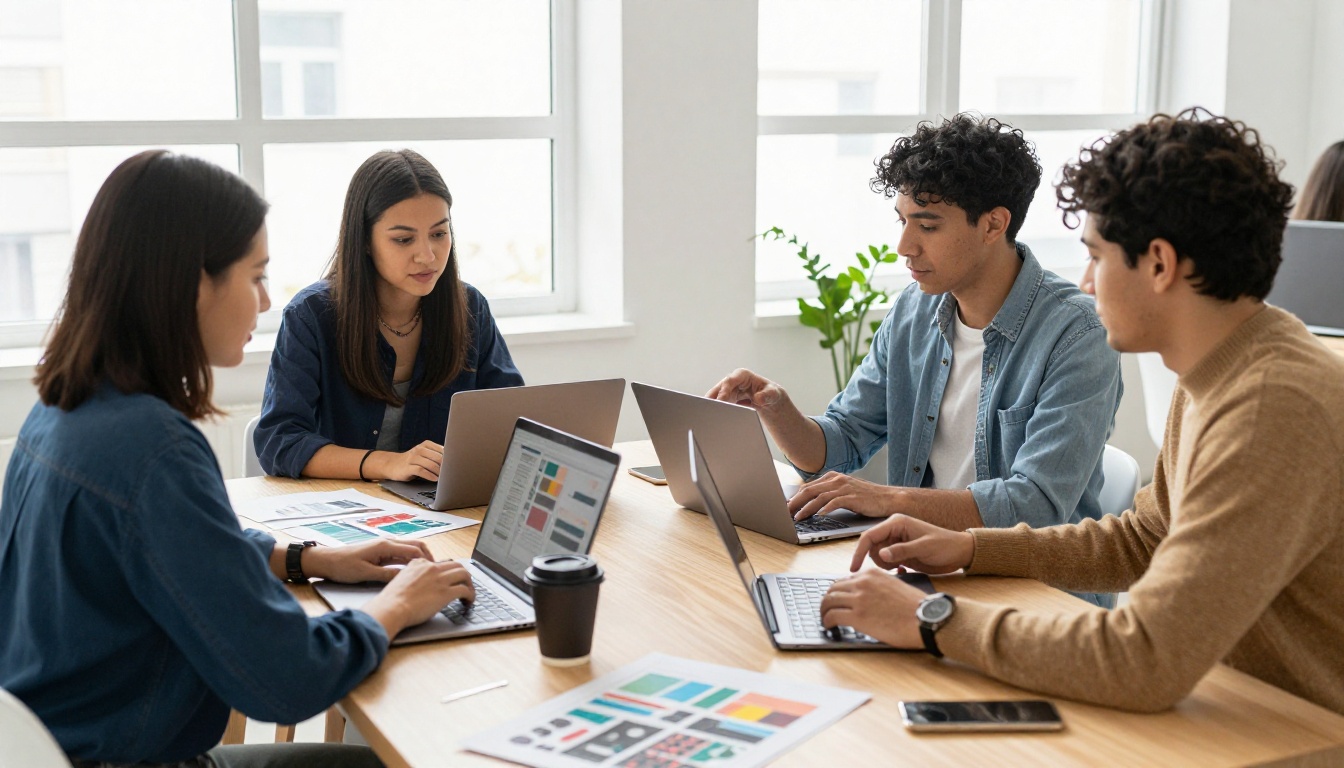 Small team of three professionals collaborating around a light wood table with laptops and printed design materials in a bright co-working space Small team of three professionals collaborating around a light wood table with laptops and printed design materials in a bright co-working space