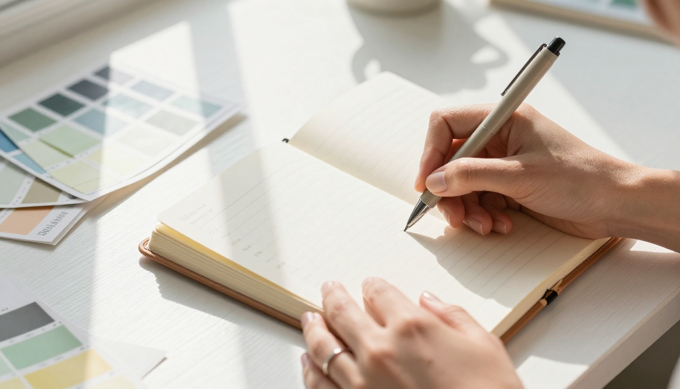 Designer reviewing pricing notes with printed catalog samples on desk Designer reviewing pricing notes with printed catalog samples on desk