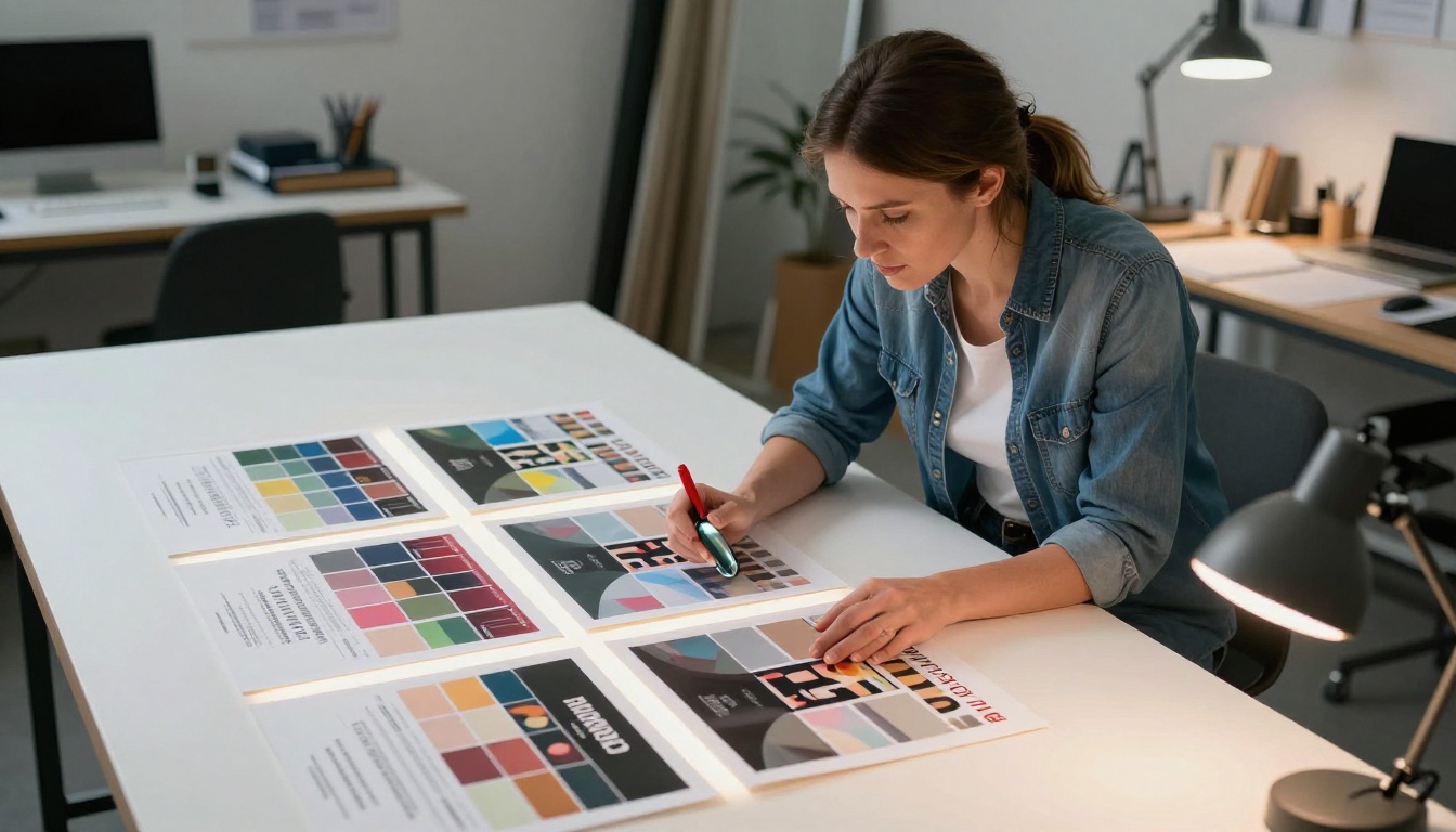 Designer reviewing catalog spreads on a lightbox in a print studio Designer reviewing catalog spreads on a lightbox in a print studio