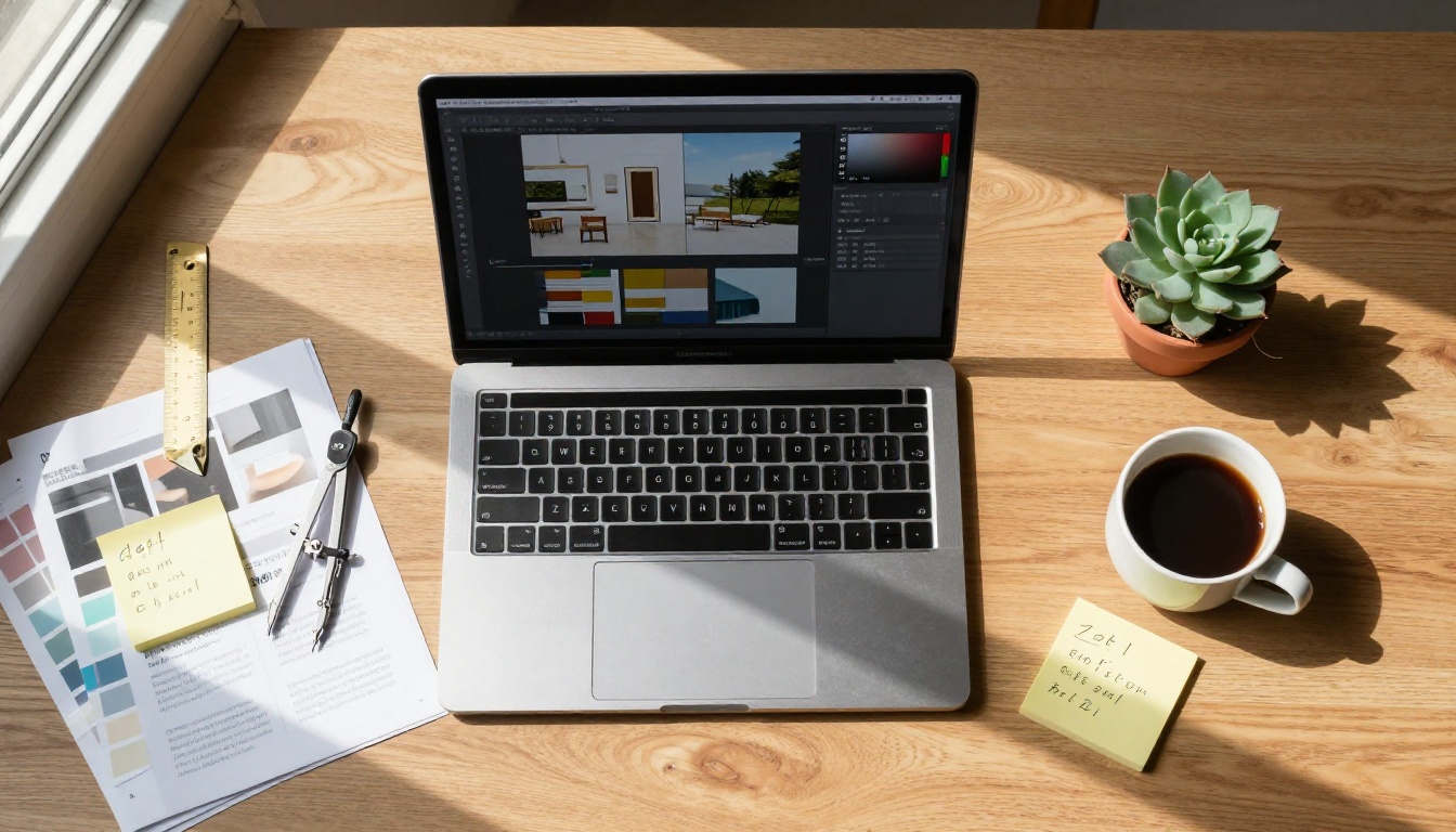 Aerial flat-lay of designer's workspace with catalog layout, rate calculations, and Pantone swatches Aerial flat-lay of designer's workspace with catalog layout, rate calculations, and Pantone swatches