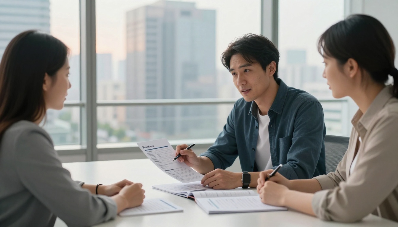 Designer and client reviewing a pricing proposal across a minimalist white conference table Designer and client reviewing a pricing proposal across a minimalist white conference table