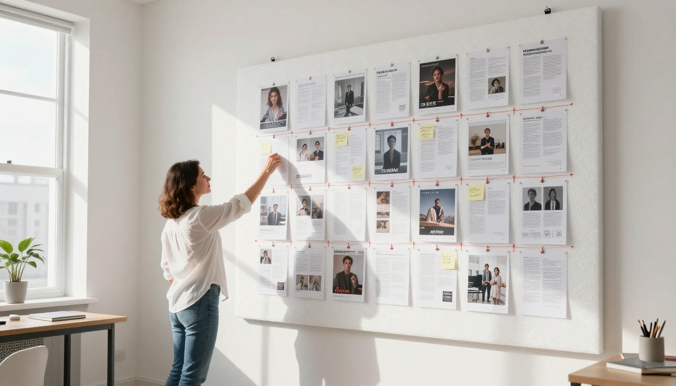 Creative director pinning catalog pages to a research board in a morning-lit design studio
