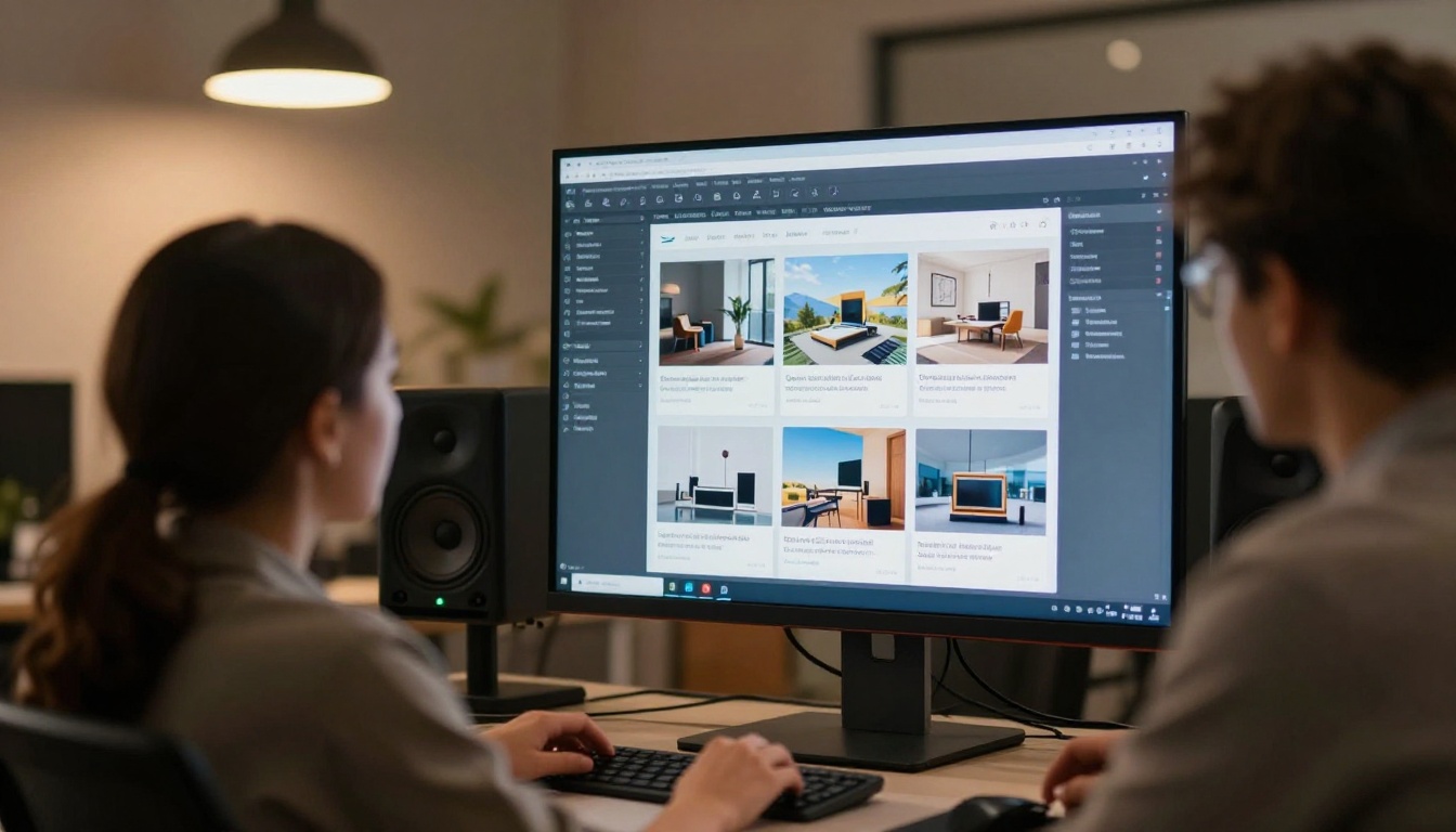 Digital catalog displayed on a large studio monitor with team members reviewing the layout
