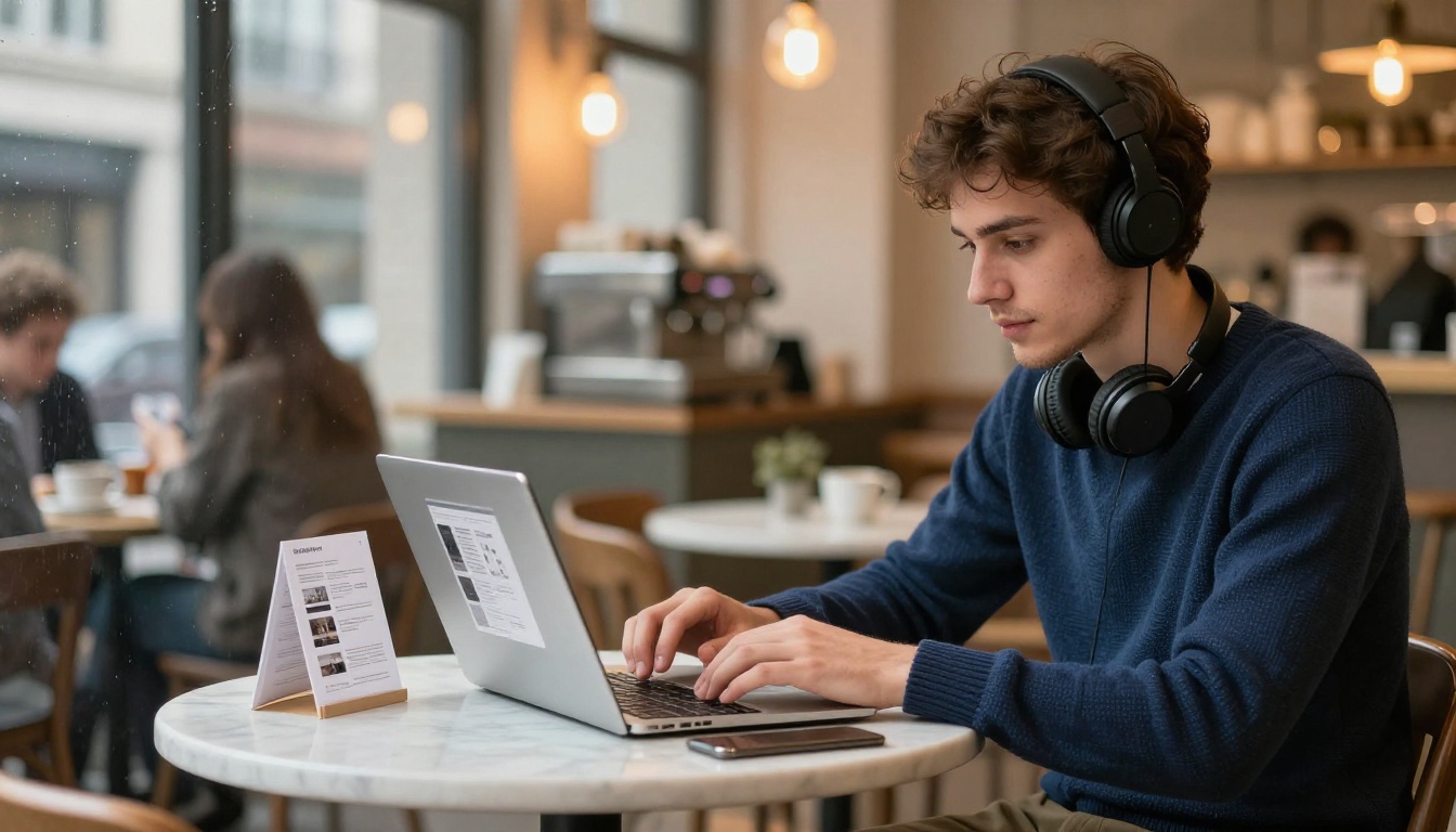 Freelance designer working on a catalog layout at a warm cafe table by a rain-streaked window