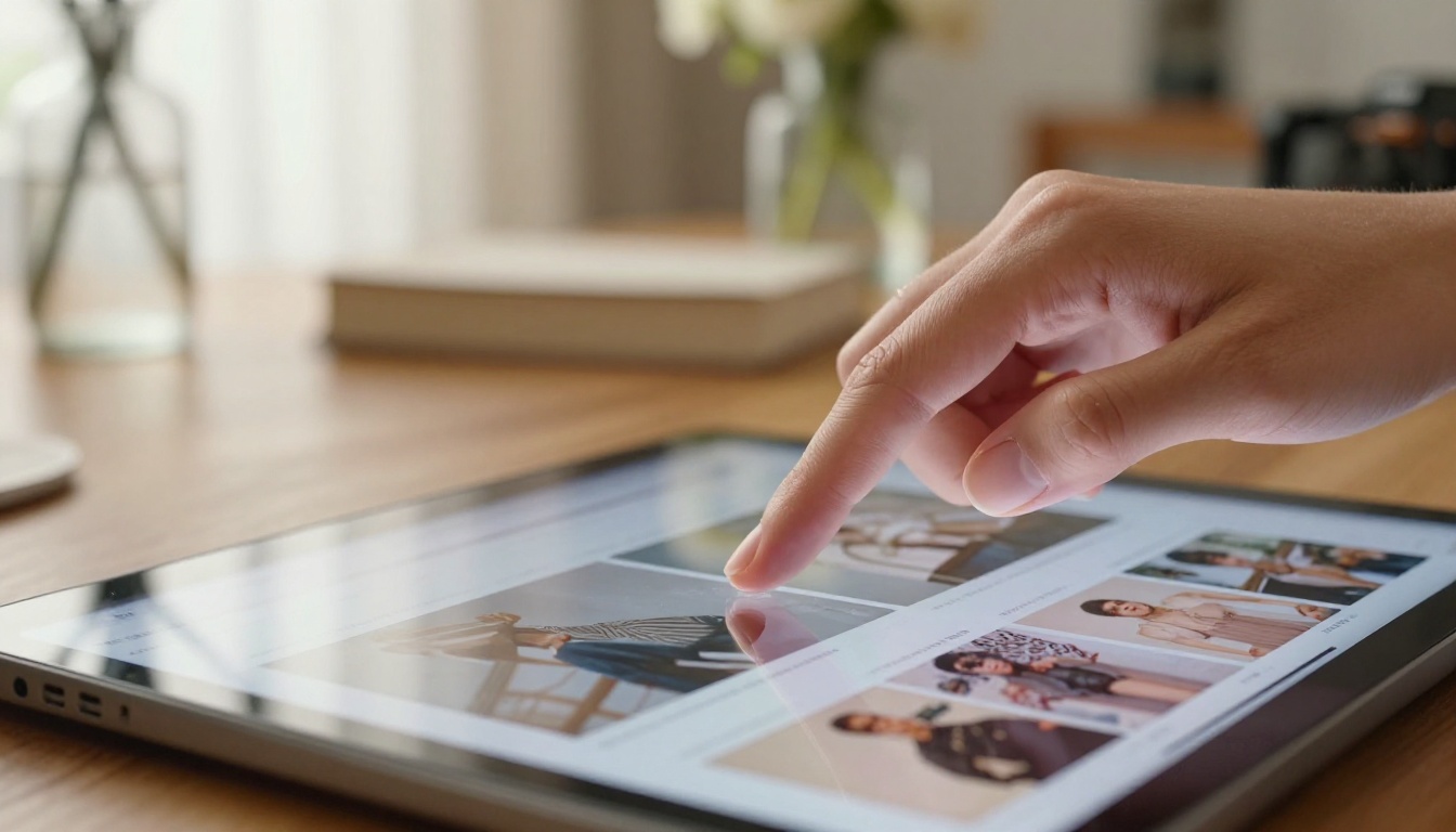 Hands swiping through an interactive flipbook catalog on an iPad Pro showing high-end product photography