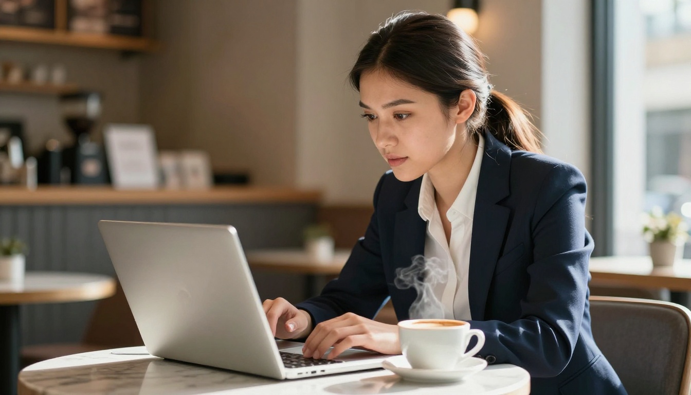Retail buyer leaning forward with genuine interest studying an interactive catalog on a laptop at a marble cafe table