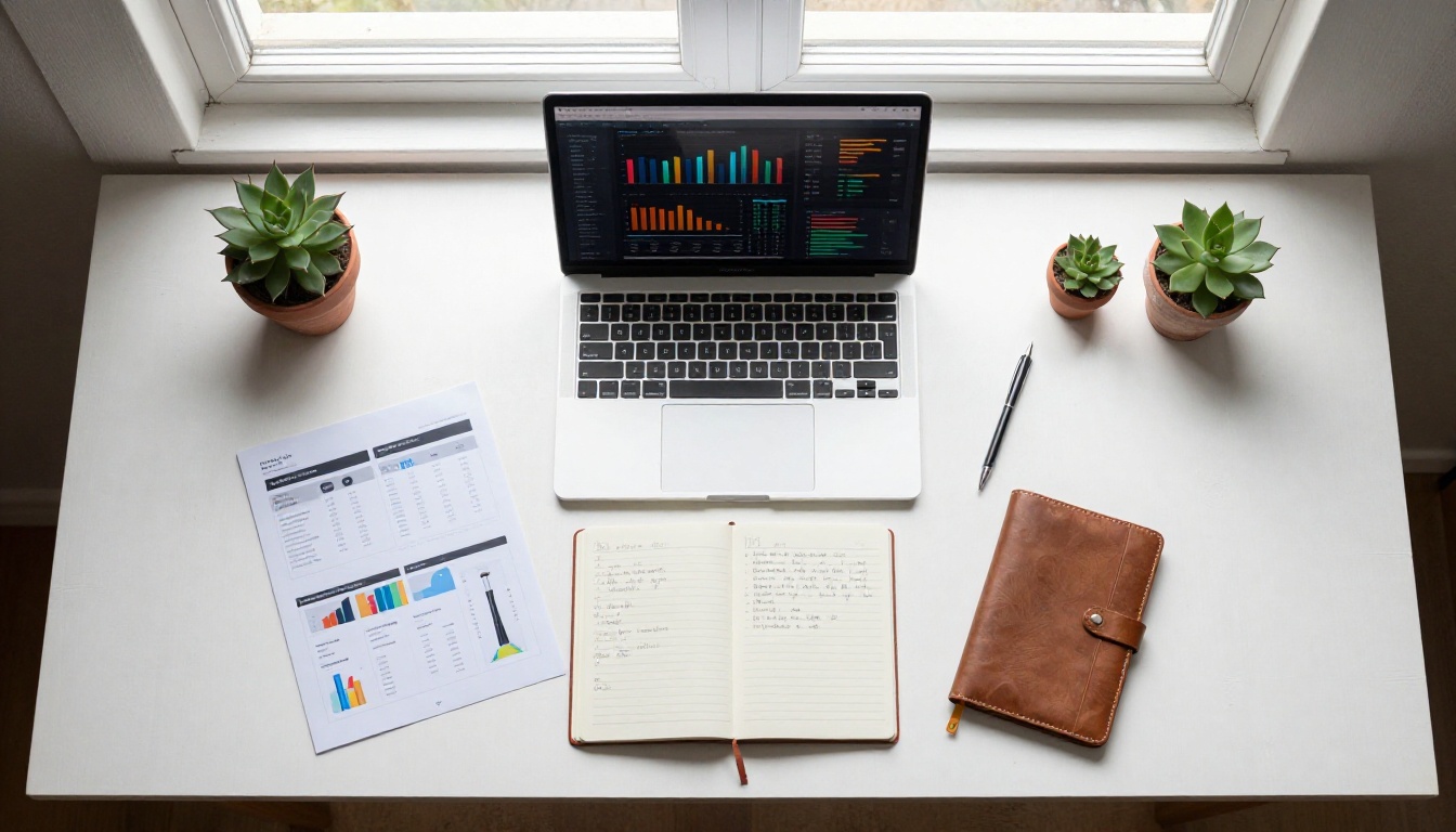Aerial flat-lay overhead shot of a laptop showing analytics dashboard beside static catalog printouts on a clean desk