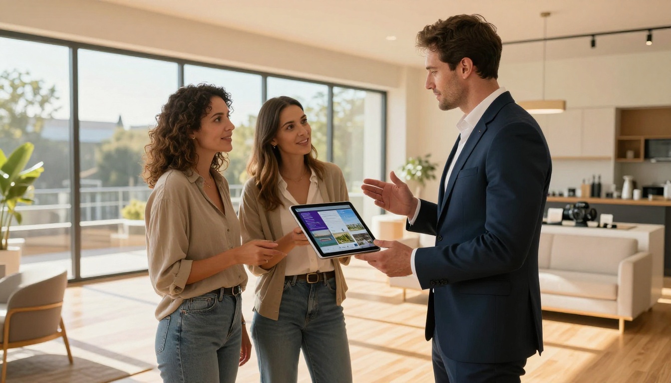Real estate agent presenting interactive property catalog on a tablet to a couple in a bright contemporary showroom