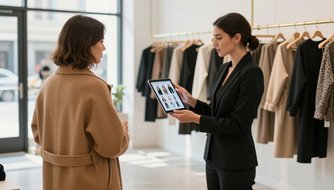 Fashion boutique associate holding a tablet showing an interactive lookbook to a customer reaching forward to touch the screen