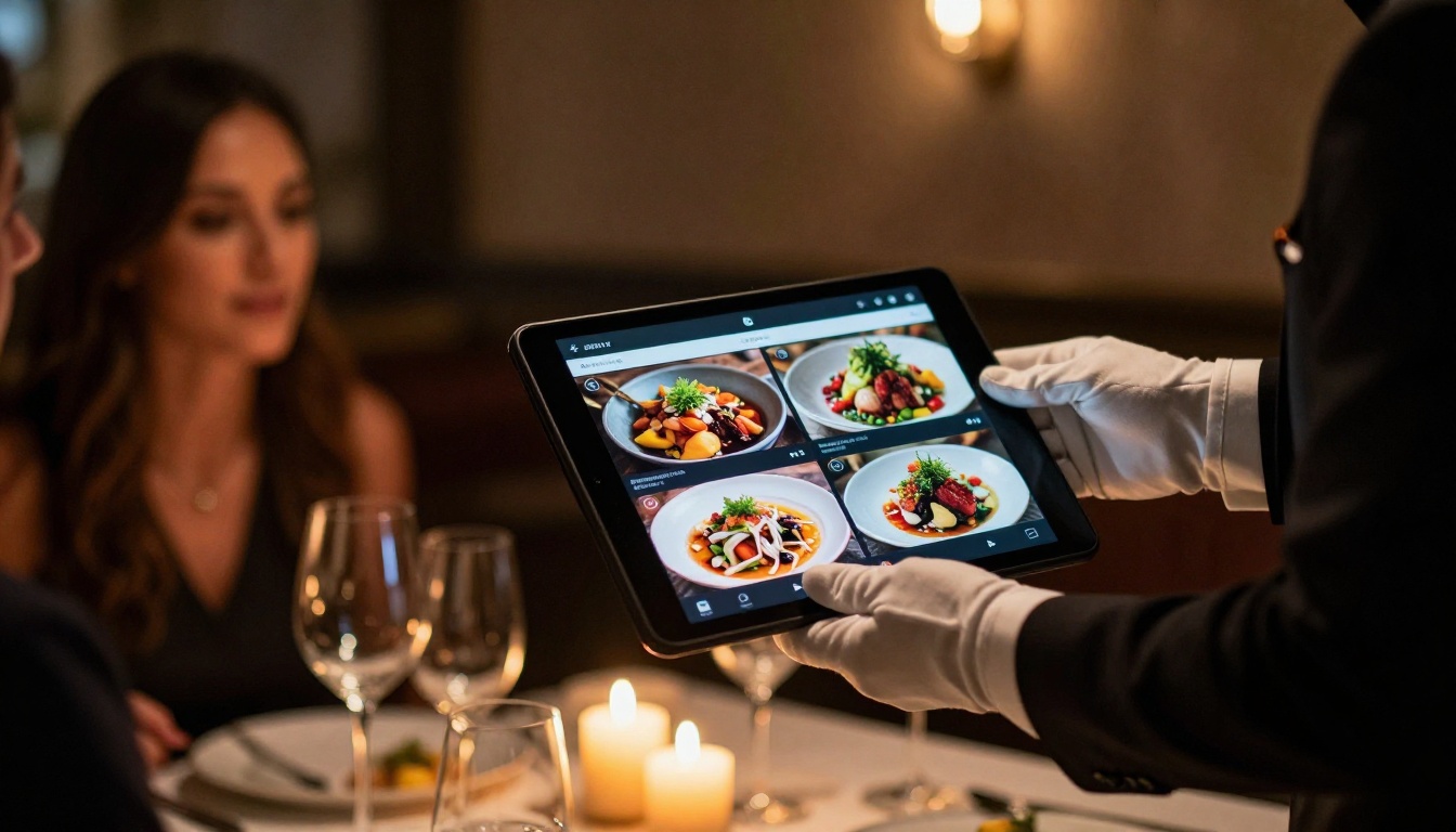 Formally dressed waiter with white gloves presenting a sleek tablet showing an interactive digital menu at a candlelit upscale restaurant