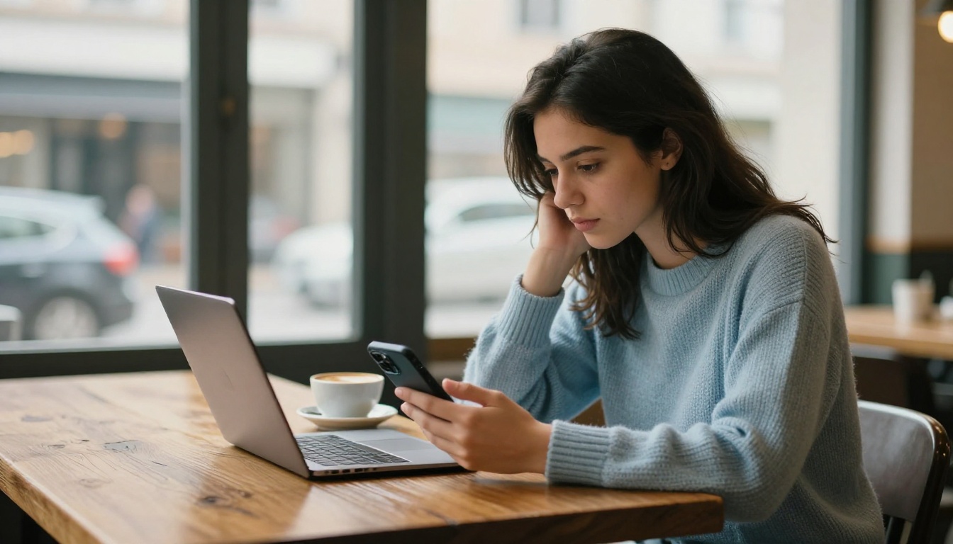 Young woman browsing digital template listings on her phone at a café Young woman browsing digital template listings on her phone at a café