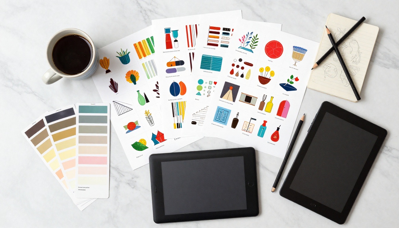Overhead flat lay of designer workspace with colorful flipbook template printouts on marble surface Overhead flat lay of designer workspace with colorful flipbook template printouts on marble surface