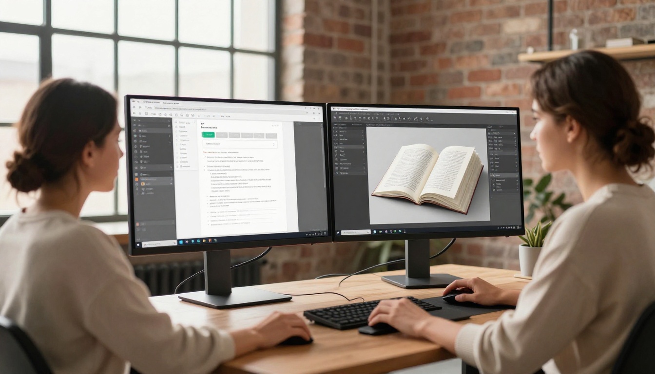 Graphic designer working at a dual monitor setup, one screen showing a PDF upload and the other showing the resulting flipbook preview
