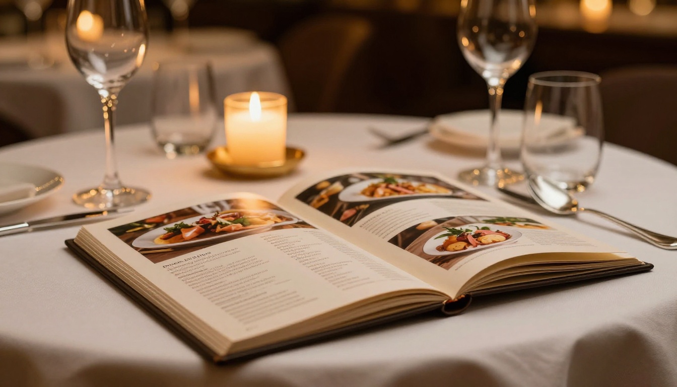 Elegant restaurant menu flipbook open on a white linen tablecloth in a fine dining setting Elegant restaurant menu flipbook open on a white linen tablecloth in a fine dining setting