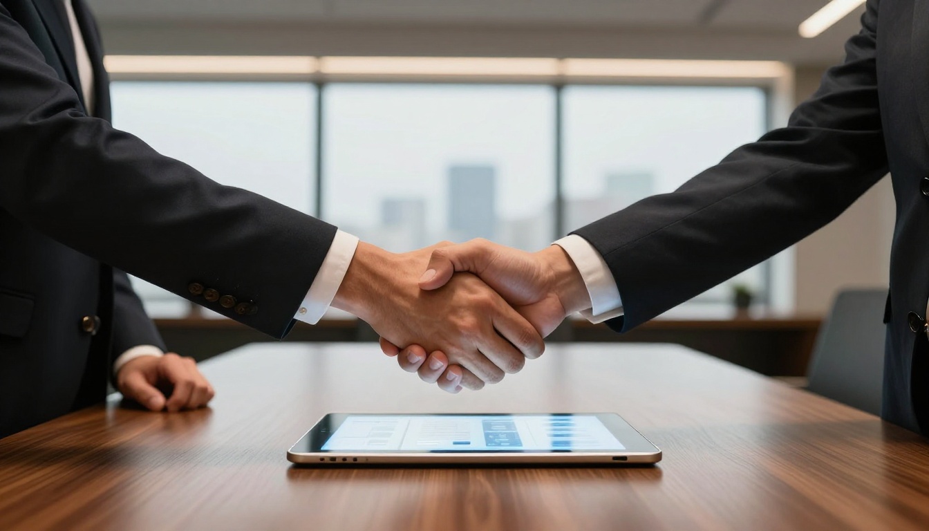 Business handshake over a polished walnut conference table with an interactive catalog visible on a tablet between them