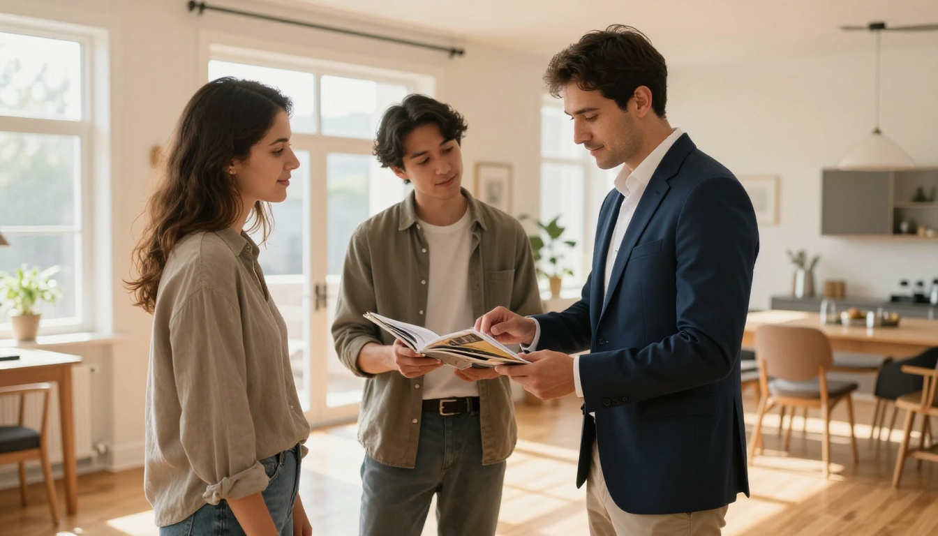 Real estate agent in navy blazer showing a property brochure flipbook to a couple in a bright modern home Real estate agent in navy blazer showing a property brochure flipbook to a couple in a bright modern home