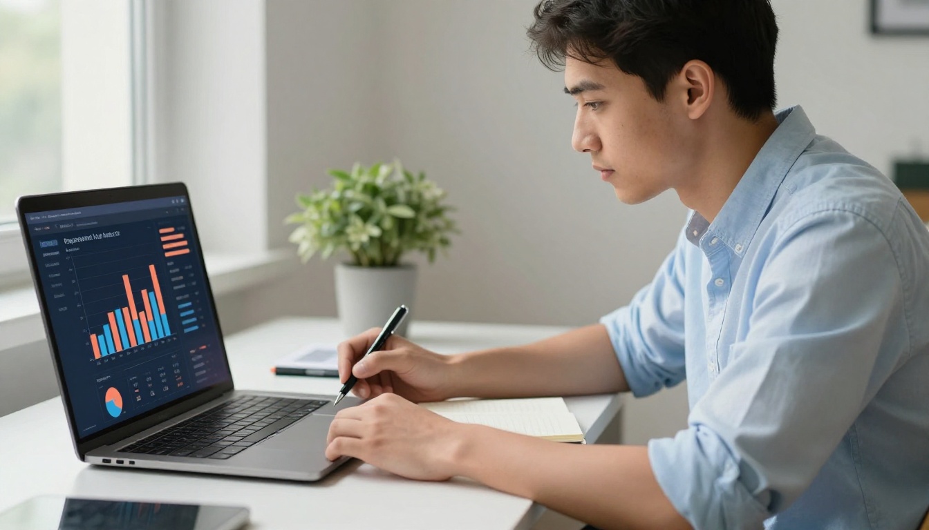 Marketing professional leaning toward a laptop screen showing catalog analytics dashboard with bar charts and viewer behavior metrics