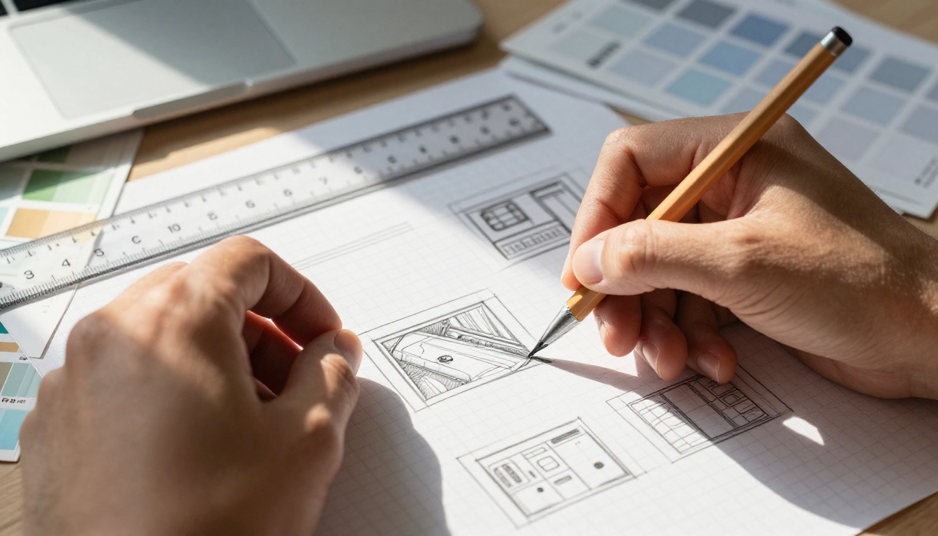 Close-up of a designer's hand sketching wireframe layouts on graph paper surrounded by color swatches Close-up of a designer's hand sketching wireframe layouts on graph paper surrounded by color swatches