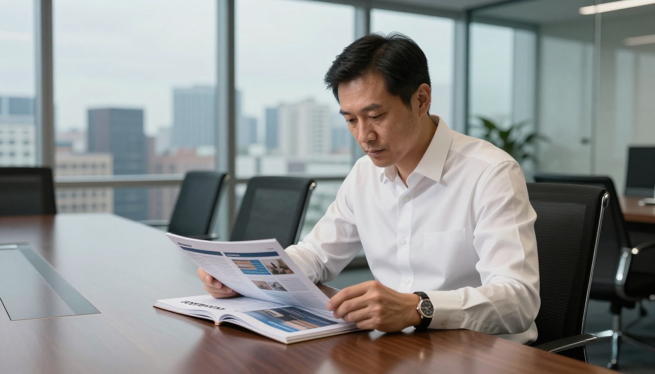 Business executive in white shirt reviewing a corporate flipbook at a polished conference table Business executive in white shirt reviewing a corporate flipbook at a polished conference table