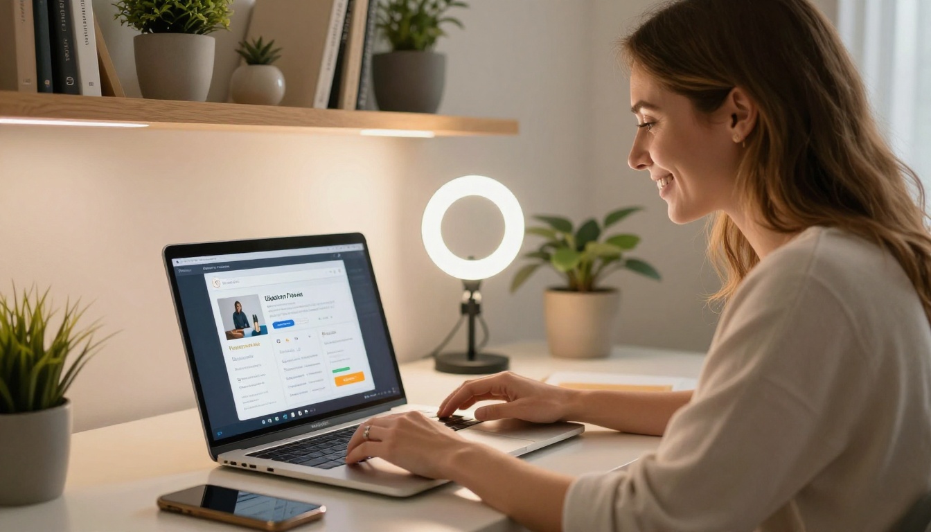 Woman at her home studio desk managing digital template shop with laptop and sales notifications visible Woman at her home studio desk managing digital template shop with laptop and sales notifications visible