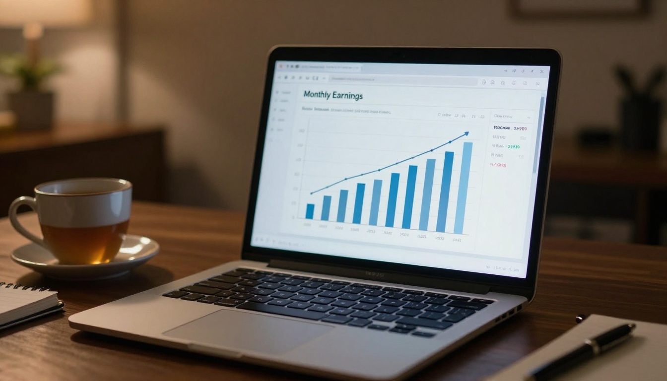 Laptop displaying a clean monthly earnings dashboard with an upward trending revenue chart Laptop displaying a clean monthly earnings dashboard with an upward trending revenue chart