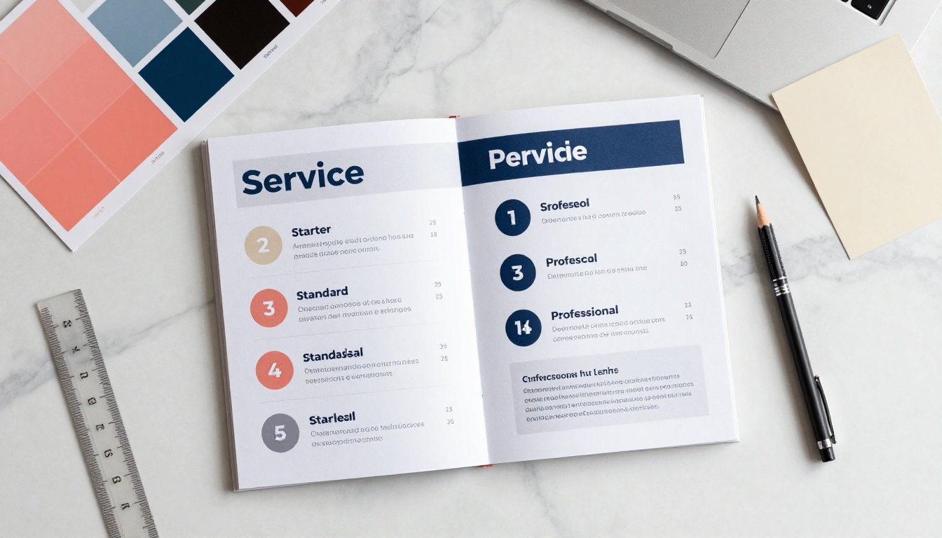 Printed service package tiers flat lay