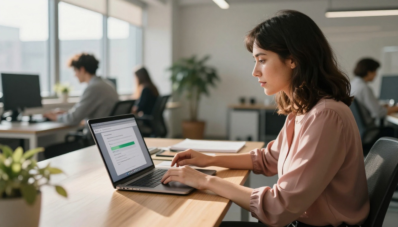 Woman uploading PDF to flipbook conversion interface at co-working desk