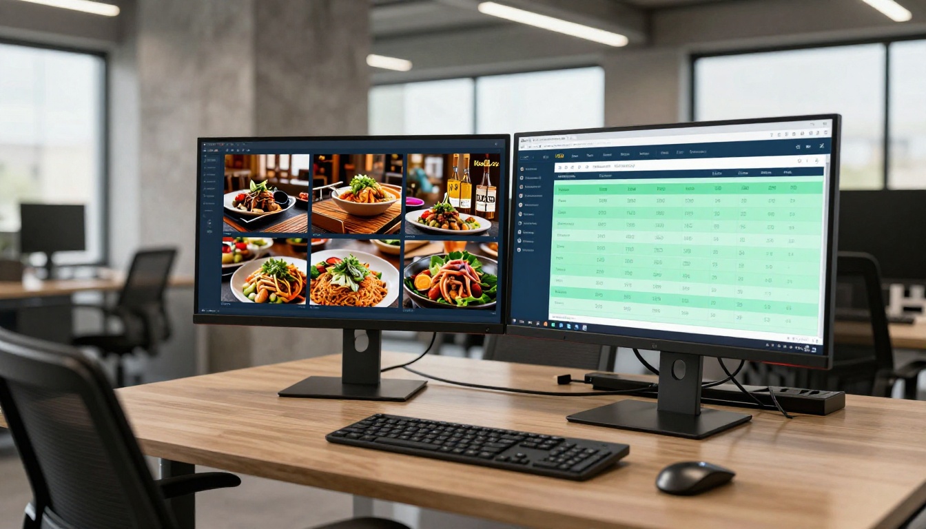 Dual monitor setup showing flipbook and analytics dashboard