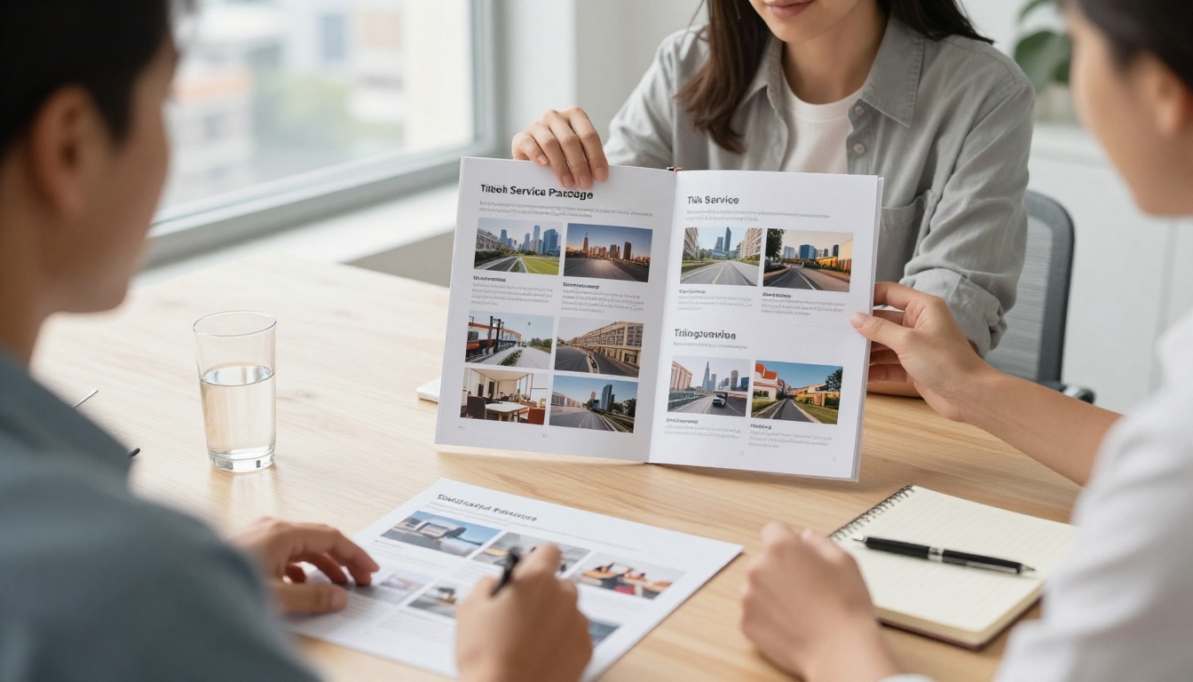 Designer presenting flipbook package to client in meeting room