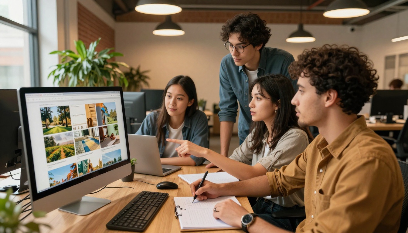 Creative agency team reviewing completed flipbook on monitor