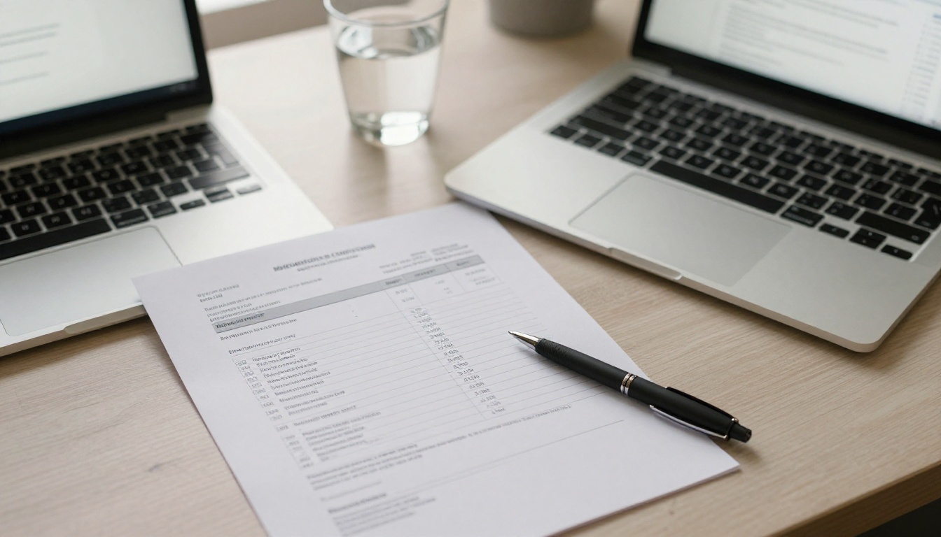 Close-up of an agency invoice and billing spreadsheet on a desk with morning light and a signed contract Close-up of an agency invoice and billing spreadsheet on a desk with morning light and a signed contract