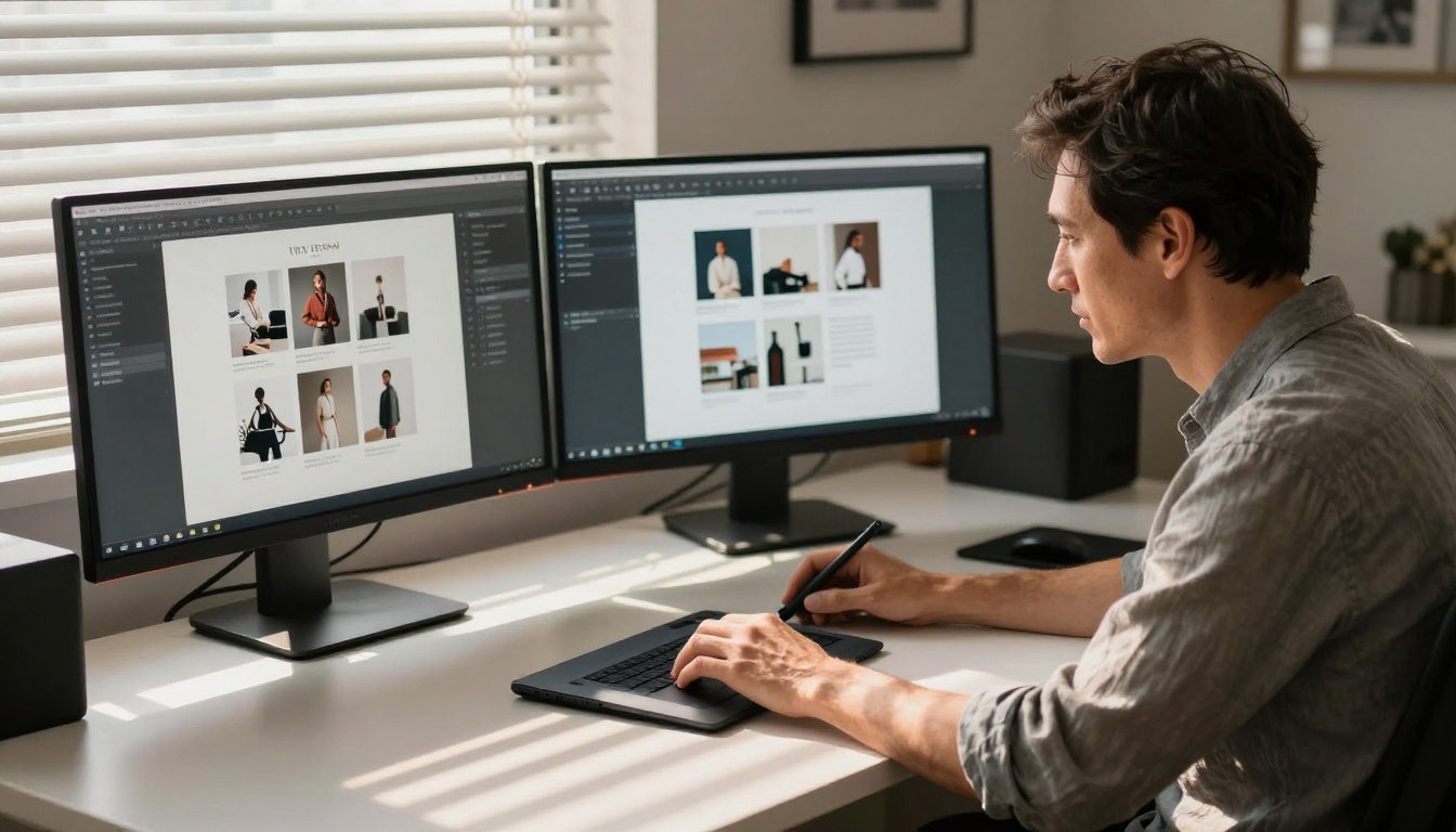 A graphic designer reviewing product catalog layouts on dual monitors in a warm, naturally-lit studio workspace A graphic designer reviewing product catalog layouts on dual monitors in a warm, naturally-lit studio workspace