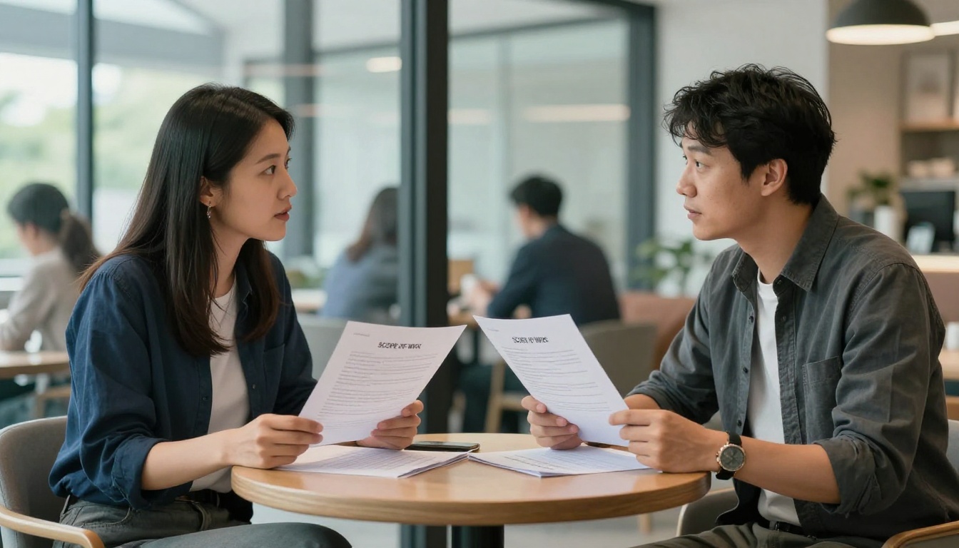 Two professionals reviewing a scope of work document together at a bright co-working space table Two professionals reviewing a scope of work document together at a bright co-working space table