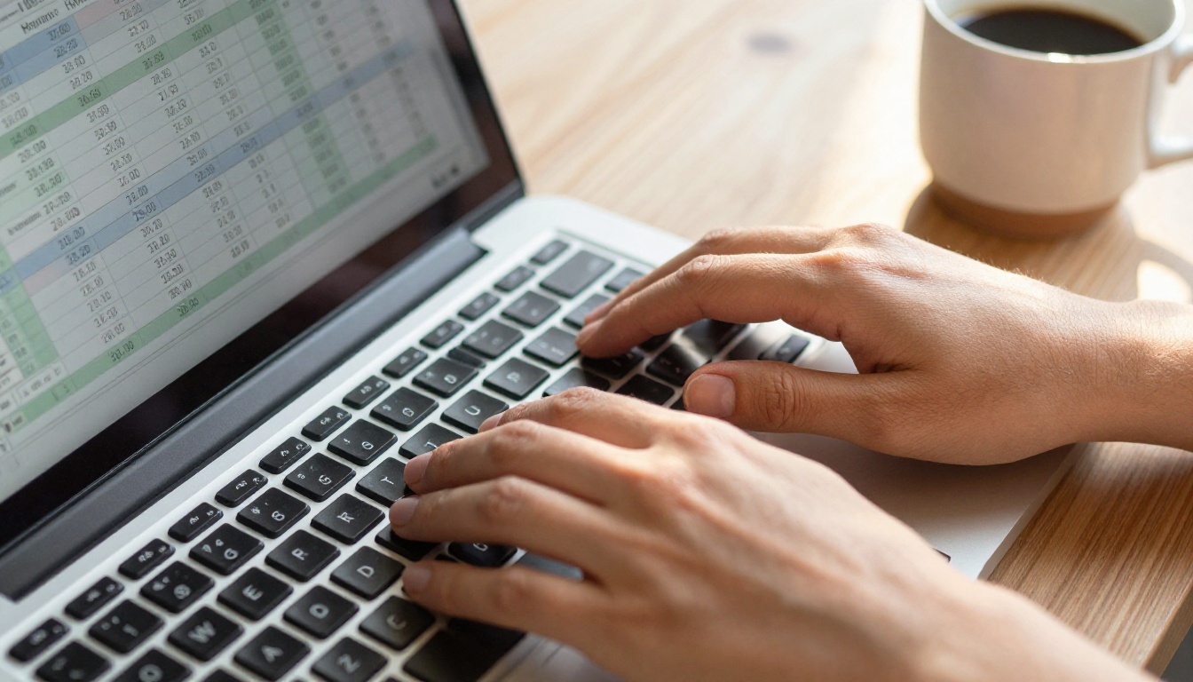 Close-up of hands typing on a laptop keyboard with a budget spreadsheet showing hourly rates and project phases on screen Close-up of hands typing on a laptop keyboard with a budget spreadsheet showing hourly rates and project phases on screen
